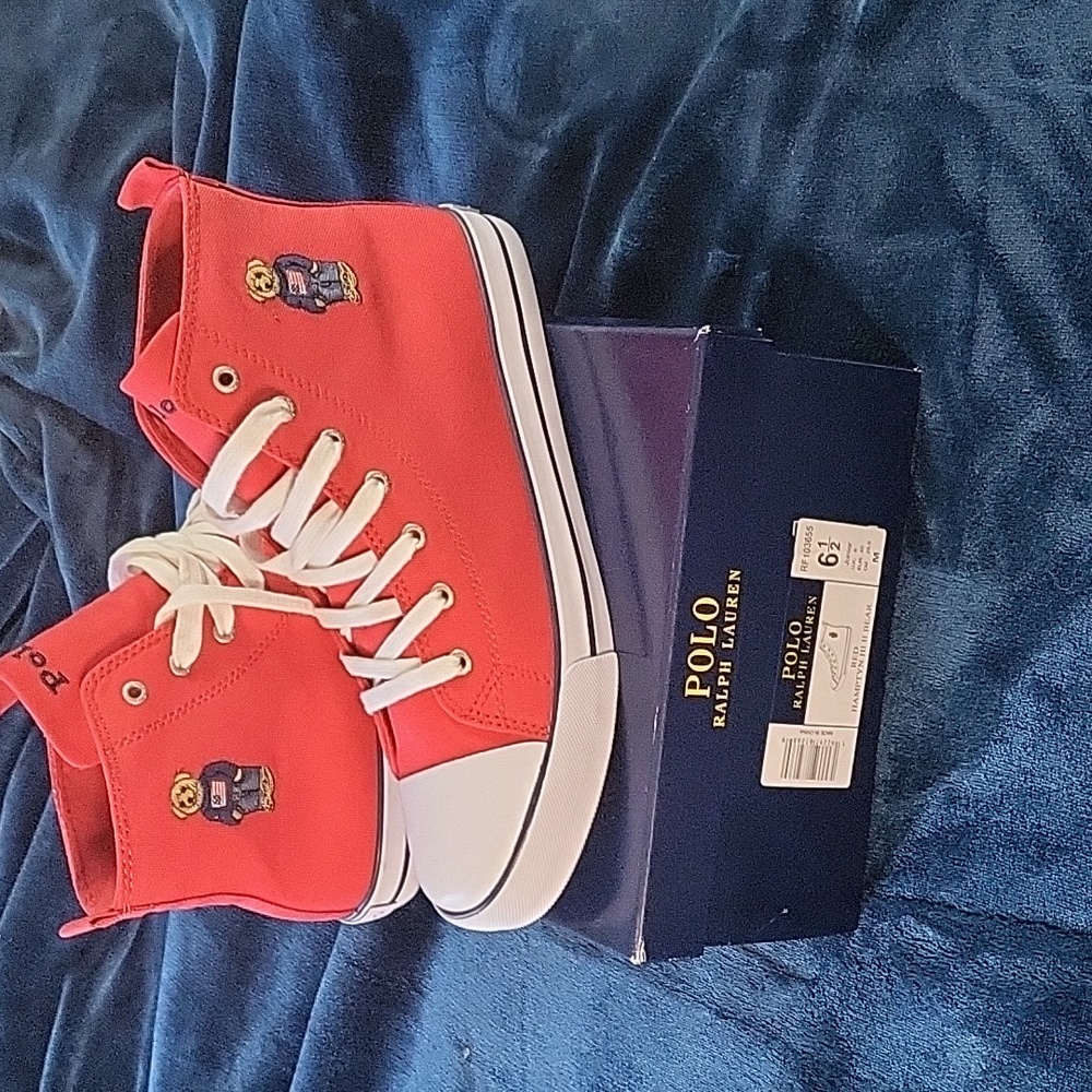 Polo Ralph lauren Red Hamptyn High top sneakers 6.5 juniors,9 ladies